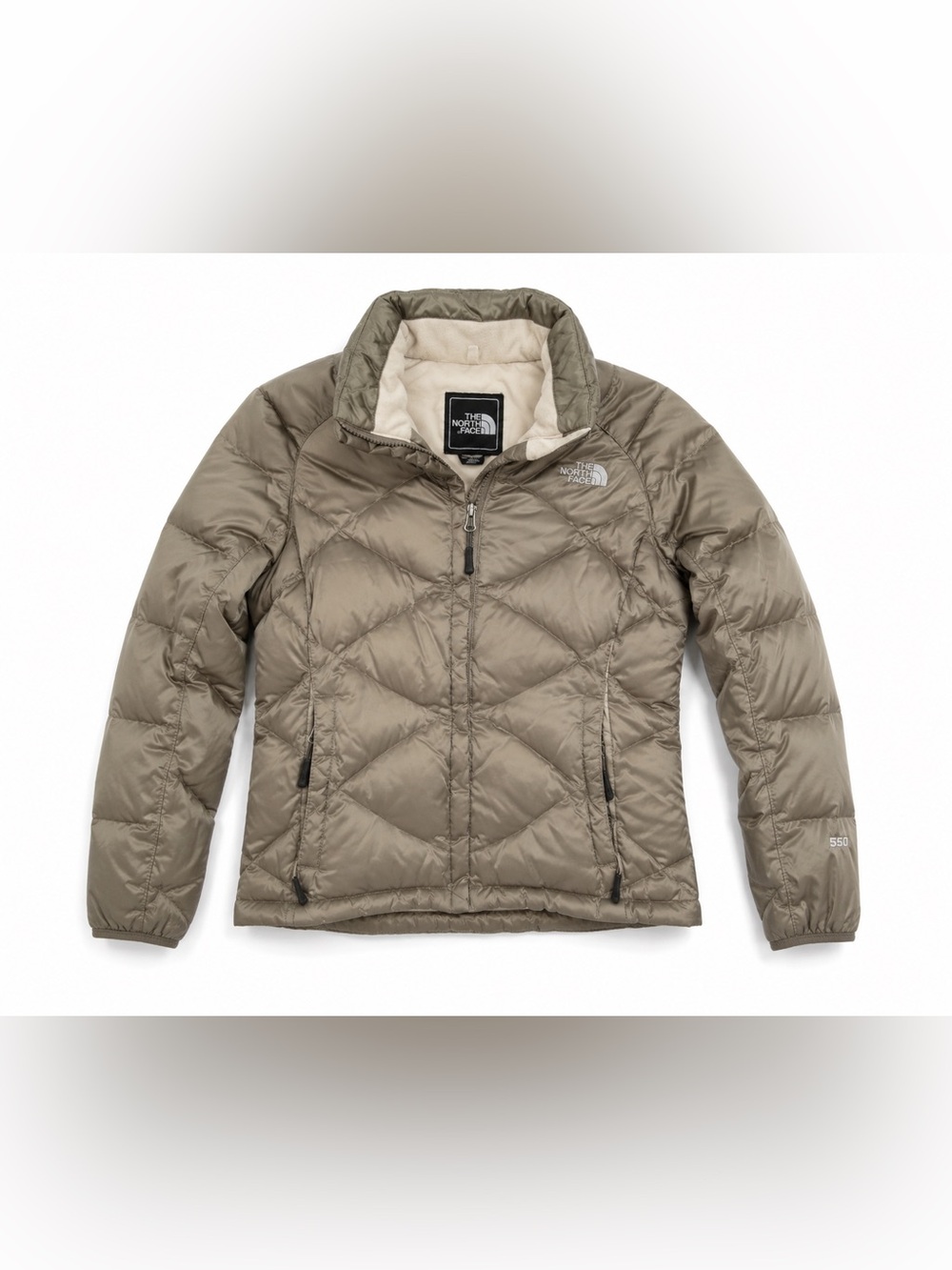The North Face 550 Goose Down Puffer Jacket Taupe Beige Chevron Quilted XS